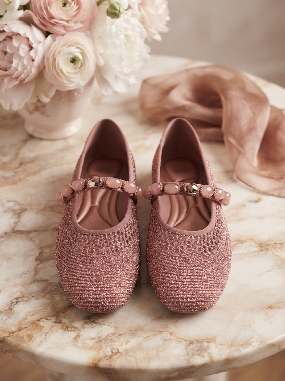 NWOB Kenneth Cole NY Zeta Stones Rose Gold Knit Mary Jane Ballet Flats Size 7.5